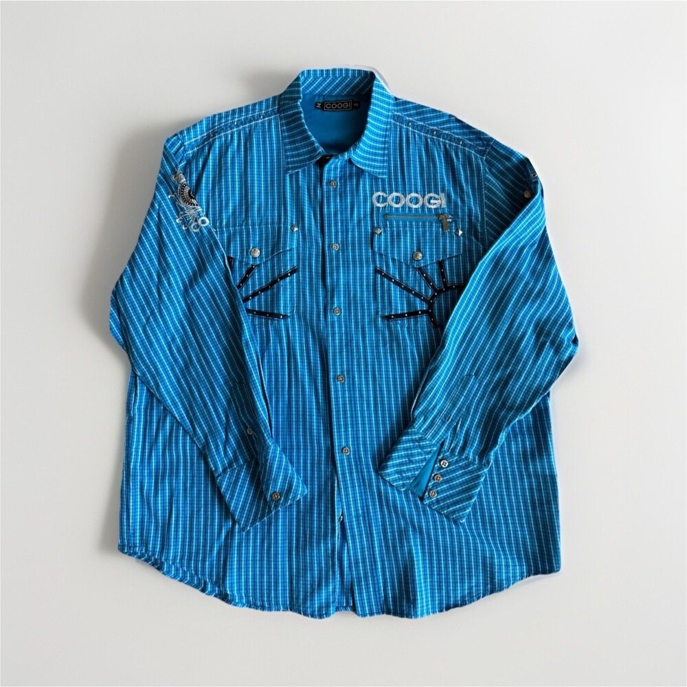 VTG Y2K COOGI XXL Blue Plaid Western Long Sleeve Button-Up Shirt w/ Pockets
